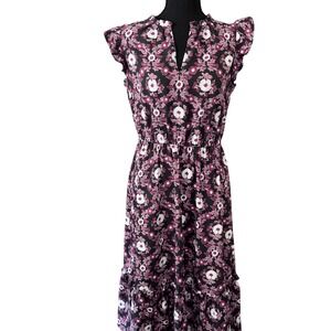LOFT Women Small Black Purple Floral Ruffle Midi Dress Boho Romantic
